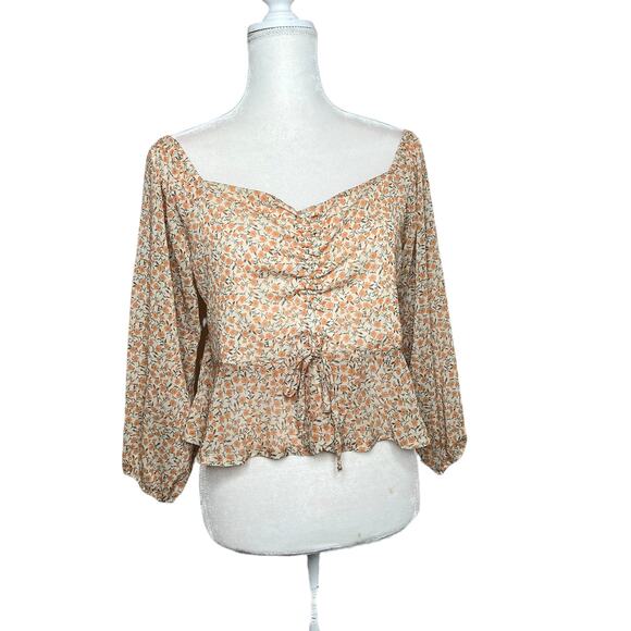 ever after floral print balloon sleeve crop top Ivory ruffle sz L lining - Picture 1 of 10